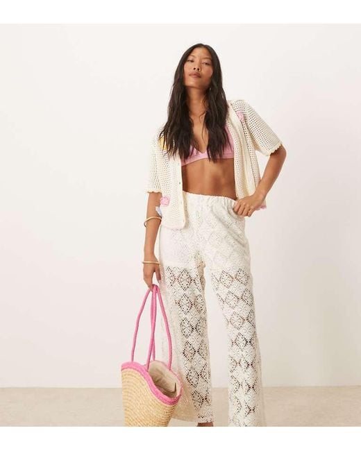 Jdy White Petite Crochet Wide Leg Trousers With Short Insert