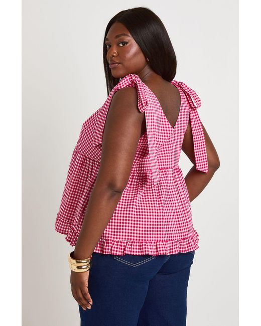 Boohoo Red Plus Gingham Tie Shoulder Peplum Top