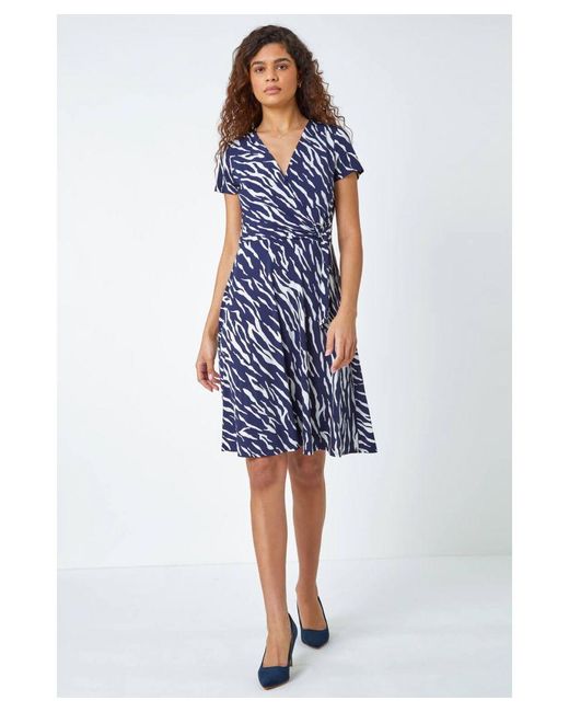 Roman Blue Zebra Print Stretch Wrap Skater Dress