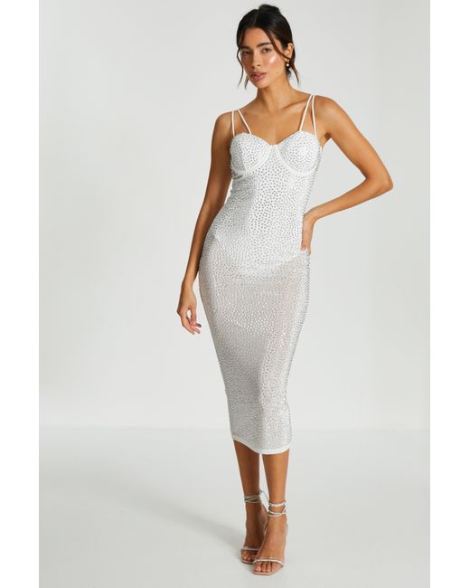 Quiz White Rhinestone Bodycon Midi Dress