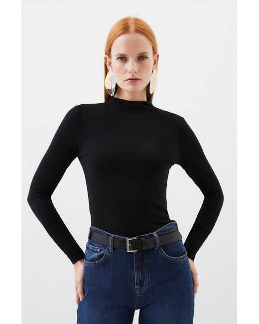 Karen Millen Blue Stretch Cotton Funnel Neck Top