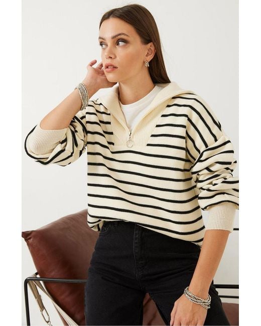 Bianco Lucci Multicolor Striped Boxy Crop Sweater With Zipper Collar