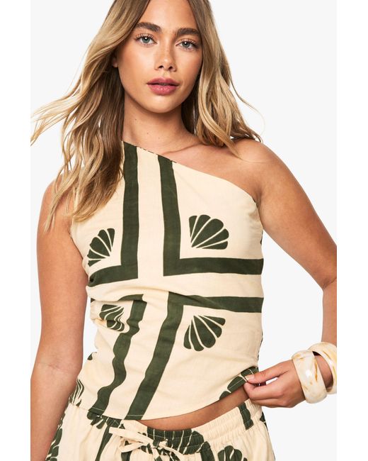 Boohoo Natural Shell Print Linen One Shoulder Top
