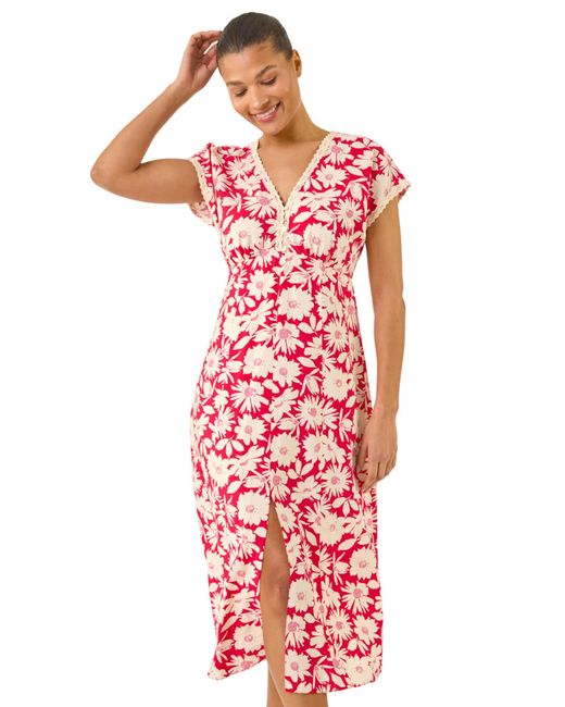 Roman Red Daisy Print Lace Trim Midi Dress