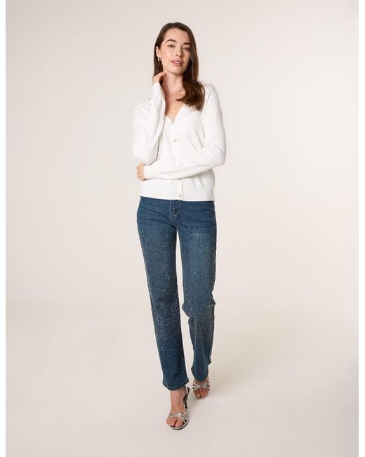 Blue Vanilla White V Neck Diamante Button Cardigan