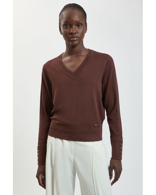 Karen Millen Brown Forever Viscose Blend Knitted Stitch Detail V Neck Long Sleeve Jumper