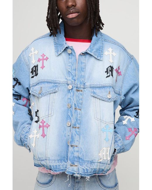 BoohooMAN Blue Boxy Fit Pu Applique Jean Jacket for men