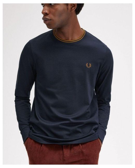 Fred Perry Blue Long Sleeve Twin Tipped T-Shirt for men