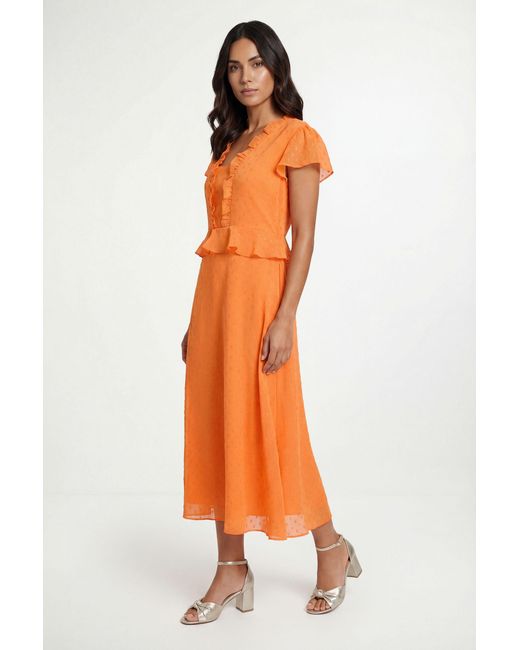 Wallis Orange Metallic Polka Dot Ruffle Midi Dress