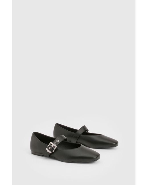 Boohoo Wide Fit Metallic Buckle Detail Mary Jane Ballet Flats in Black ...