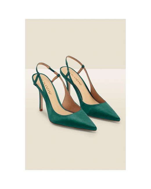 Sosandar Blue Peyton Dark Green Satin Flared Heel Pointed Toe Slingback Court Suede