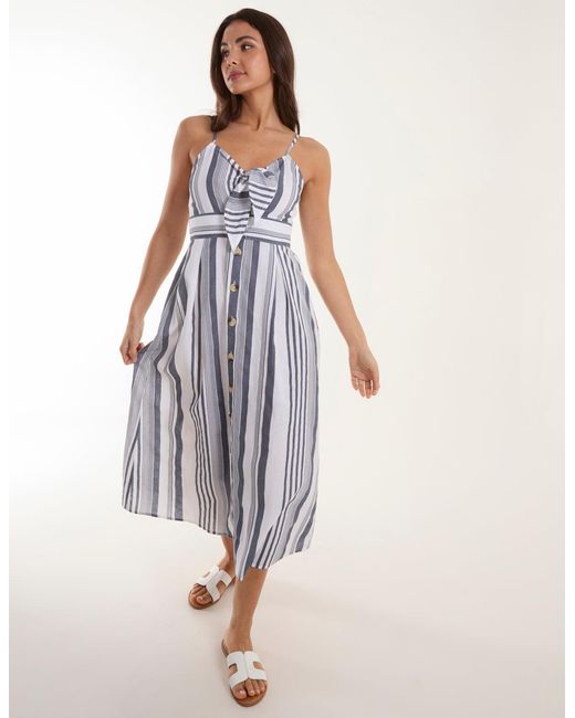 Blue Vanilla White Tie Front Button Through Midi Dress