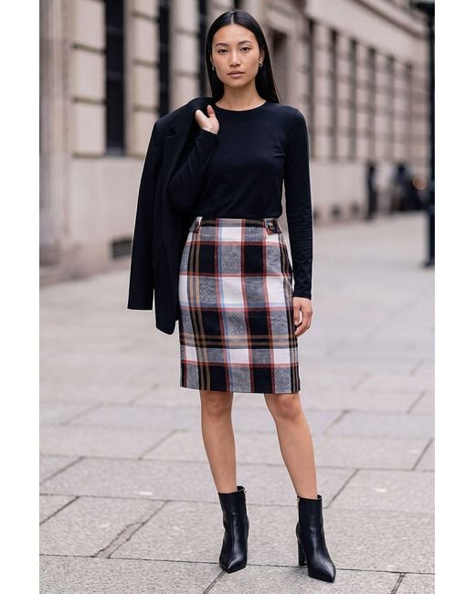 Roman Black Button Tab Brush Check Skirt