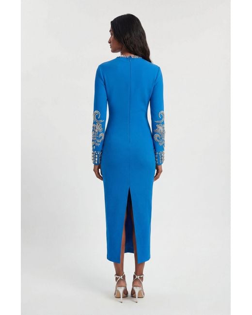 Karen Millen Blue Figure Form Bandage Knit Embellished Wide Sleeve Midi Dress