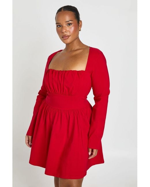 Boohoo Red Plus Bengaline Corset Long Sleeve Skater Dress