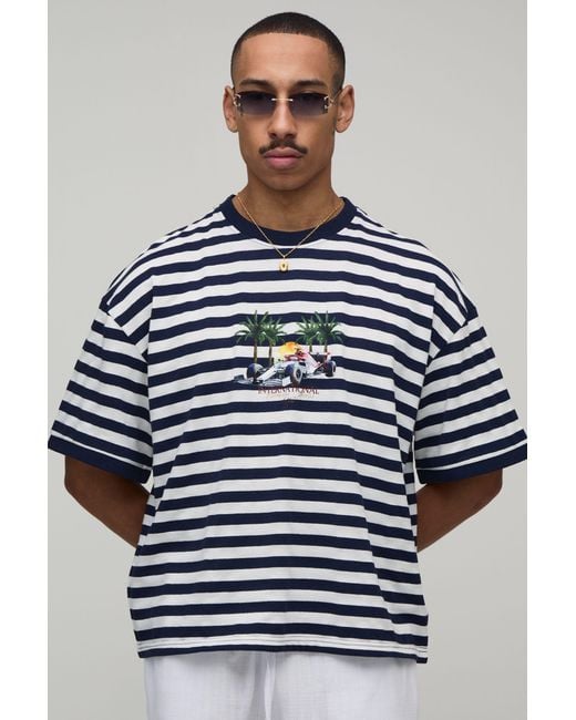 BoohooMAN Blue Oversized Boxy Stripe Sports Car Print T-Shirt for men