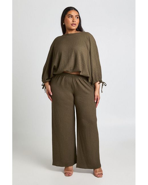 Boohoo Green Plus Textured Ruched Sleeve Balloon Hem Top & Wide Leg Trouser