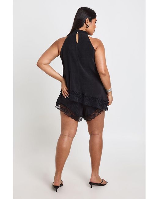 Boohoo Black Plus Lace Trim Plisse Asymmetric Top