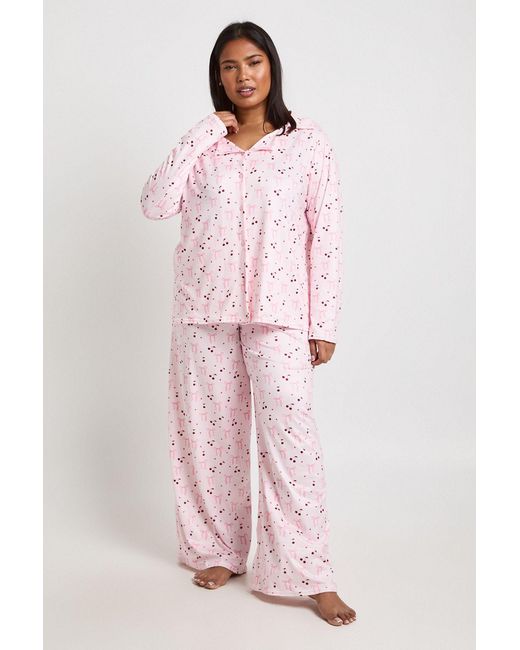 Boohoo Pink Plus Bow And Cherry Print Long Sleeve Shirt & Trouser Pyjama Set