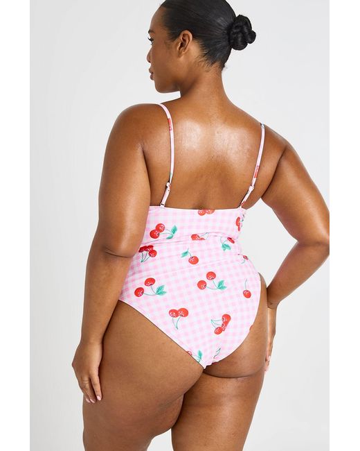 Boohoo White Plus Cherry Gingham Print Underwire Plunge Swimsuit