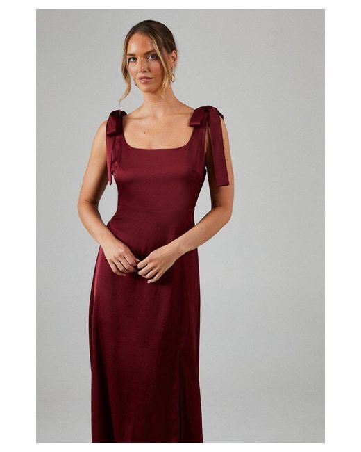 Oasis Red Satin Tie Shoulder Midi Bridesmaids Dress