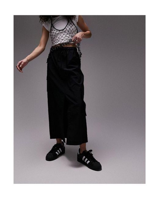 TOPSHOP Black Elasticated Waist Nylon Midi Skirt With Pockets
