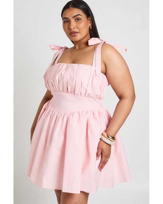 Boohoo Pink Plus Cotton Ruched Bust Shoulder Tie Mini Dress