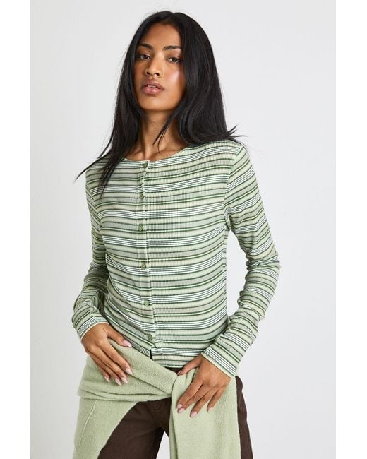 Boohoo Green Striped Rib Button Through Long Sleeve Top