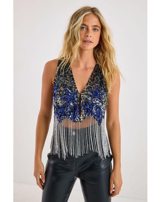 Nasty Gal Blue Sequin Star Lightening Bolt Tassel Vest
