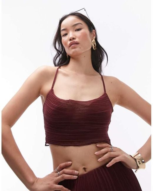 TOPSHOP Red Co-Ord Plisse Cowl Cropped Cami