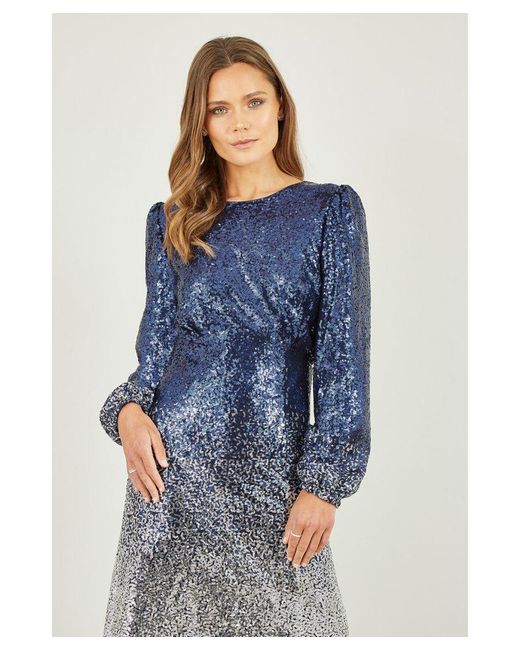 Yumi' Blue And Sequin Ombre Long Sleeve Midi Dress
