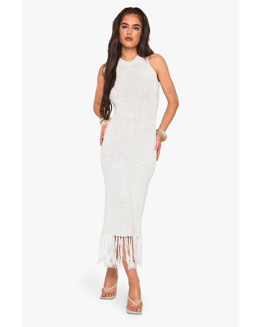 Boohoo White Tassel Detail Crochet Dress