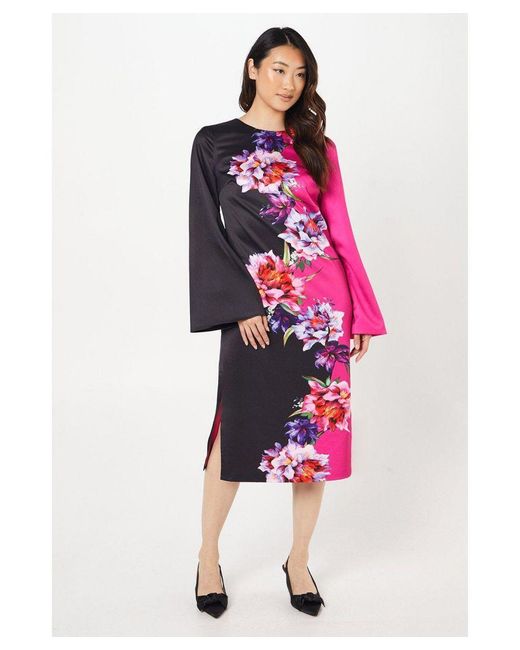 Coast White Floral Placement Print Satin Midi Dress