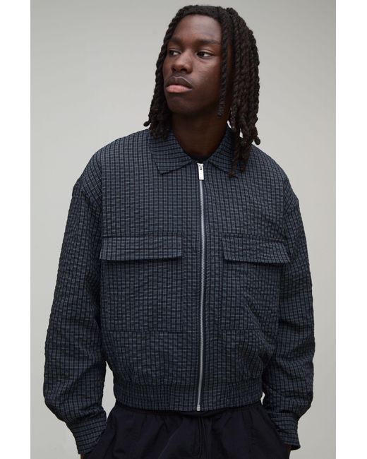 BoohooMAN Blue Boxy Fit Textured Check Harrington Jacket for men