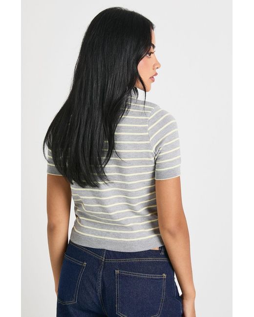 Boohoo Gray Scallop Edge Collar Stripe Knitted Top