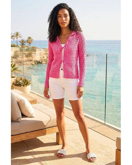 Roman Pink Crochet Detail Hooded Knit Jumper