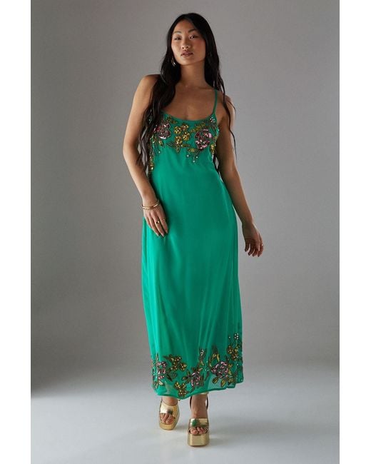 Warehouse Green Petite Hand Embellished Strappy Bias Midi Dress