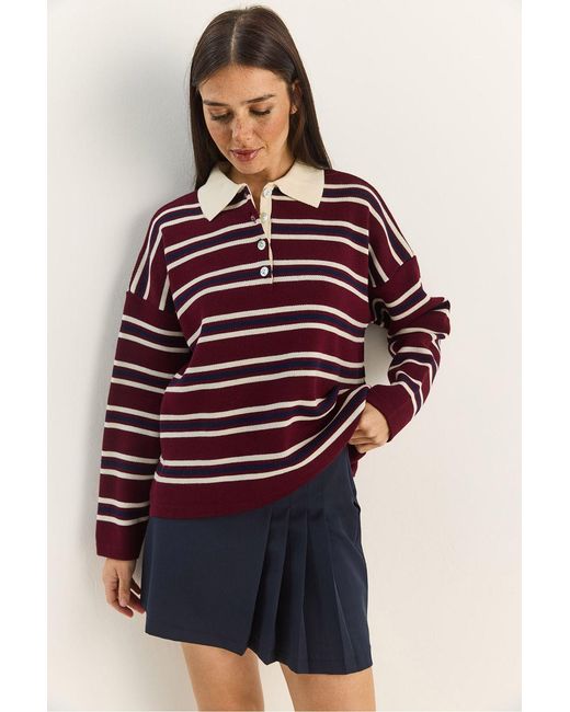 Bianco Lucci Red Striped Polo Collar Button Sweater