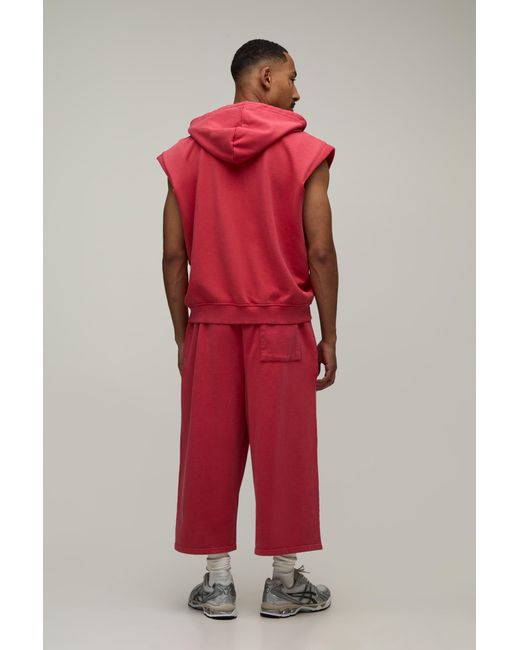 BoohooMAN Red Oversized Boxy Sleeveless Padded Shoulder Wash Zip Hoodie for men