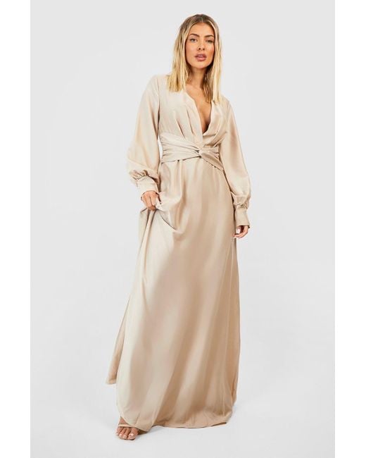 Boohoo Natural Satin Twist Front Maxi Dress