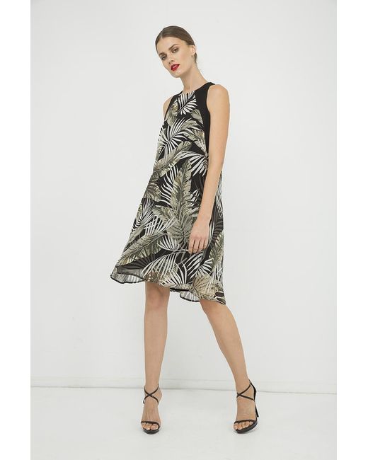 Conquista Black Sleeveless A Line Print Chiffon Dress