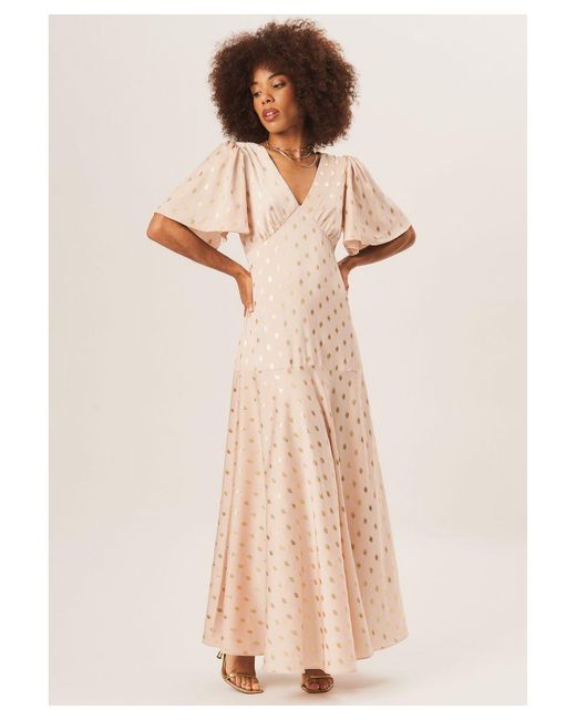Gini London Natural Angel Sleeves Foil Pattern Maxi Dress