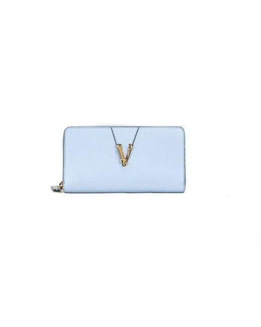 Versace Blue Grainy Leather Monogram Zip Around Clutch Wallet