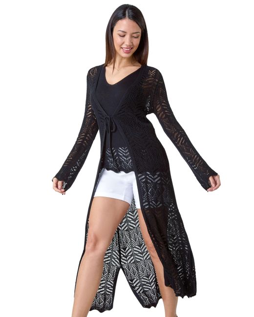 Roman Blue Longline Tie Cotton Blend Knit Cardigan