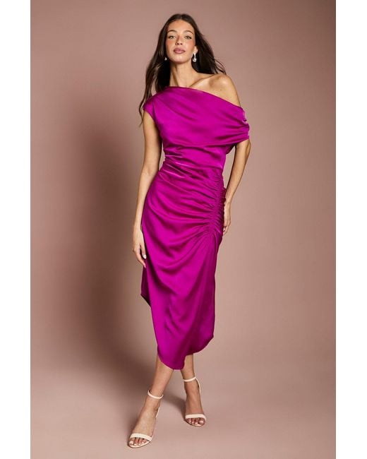Coast Pink Satin Ruched One Shoulder Asymmetric Hem Midi Dress