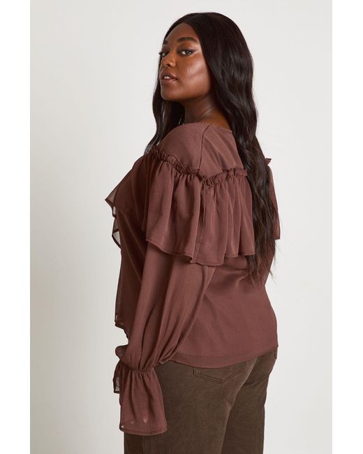 Boohoo Brown Plus Chiffon Ruffle Front Blouse