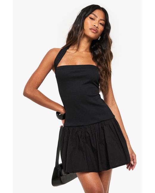 Boohoo Black Jersey Rib Cotton Mix Halterneck Mini Dress