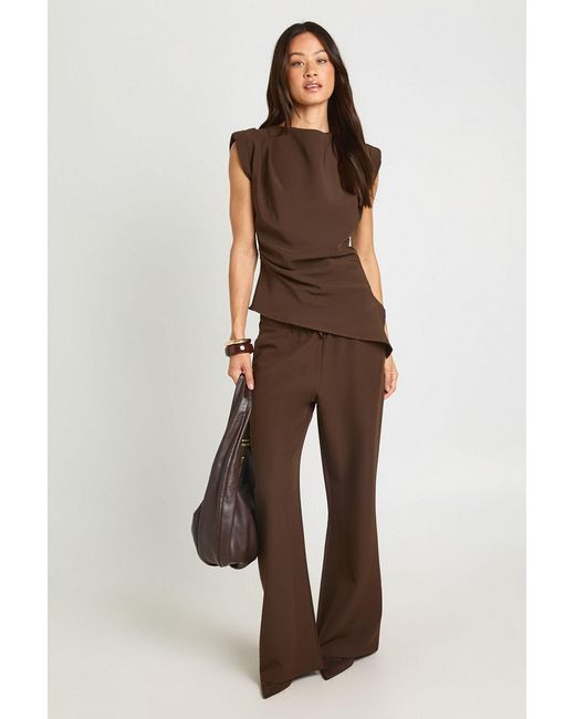 Boohoo Brown Tall Asymmetric Shoulder Pad Top & Straight Leg Trouser Co-Ord