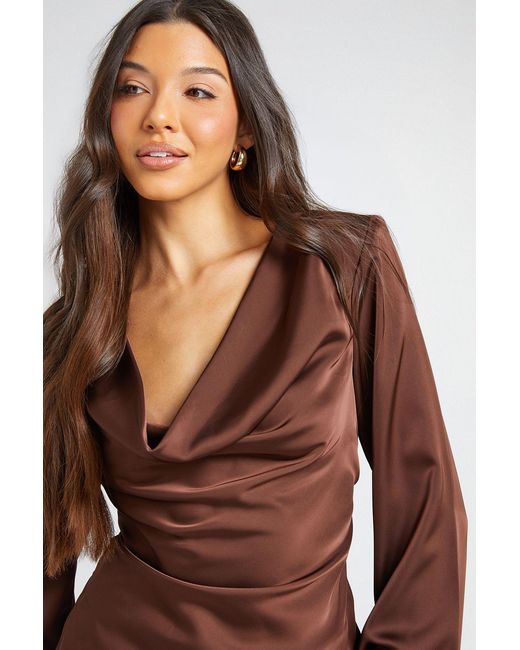 Boohoo Brown Long Sleeve Satin Cowl Neck Top