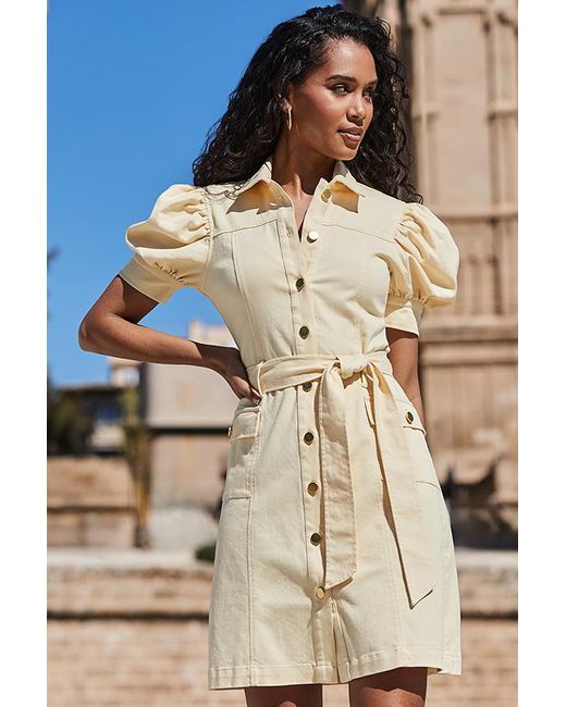 Sosandar Blue Puff Sleeve Belted Denim Dress